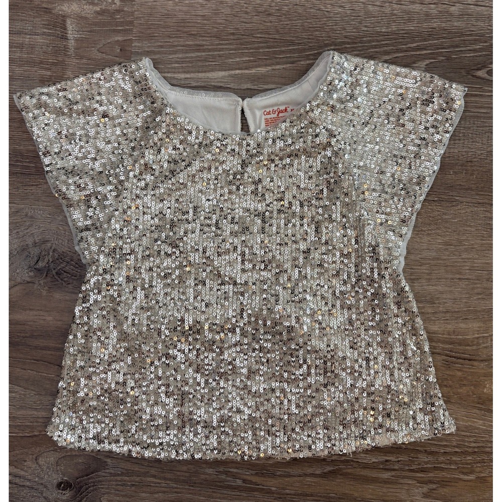 Cat & Jack Girls Gold Sequin Flutter Sleeve Party Top XS 4/5 Holiday Sparkle